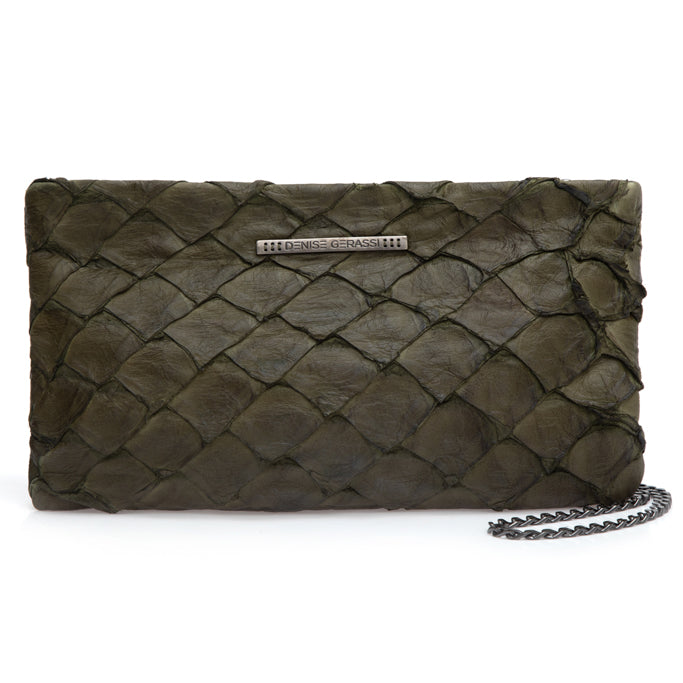 Aquira - Maxi Clutch em Couro de Pirarucu Verde Militar