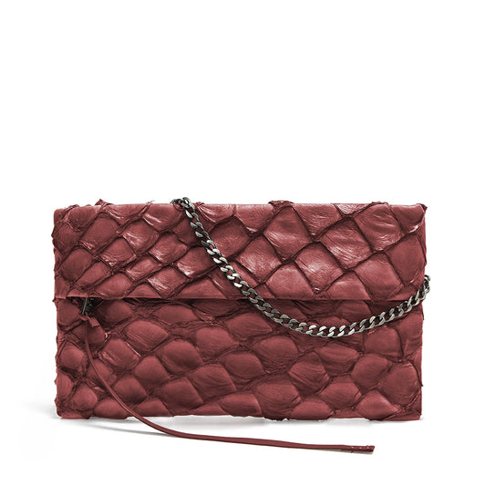 Bolsa Aquira Maxi Clutch em Couro de Pirarucu - Cor Claret