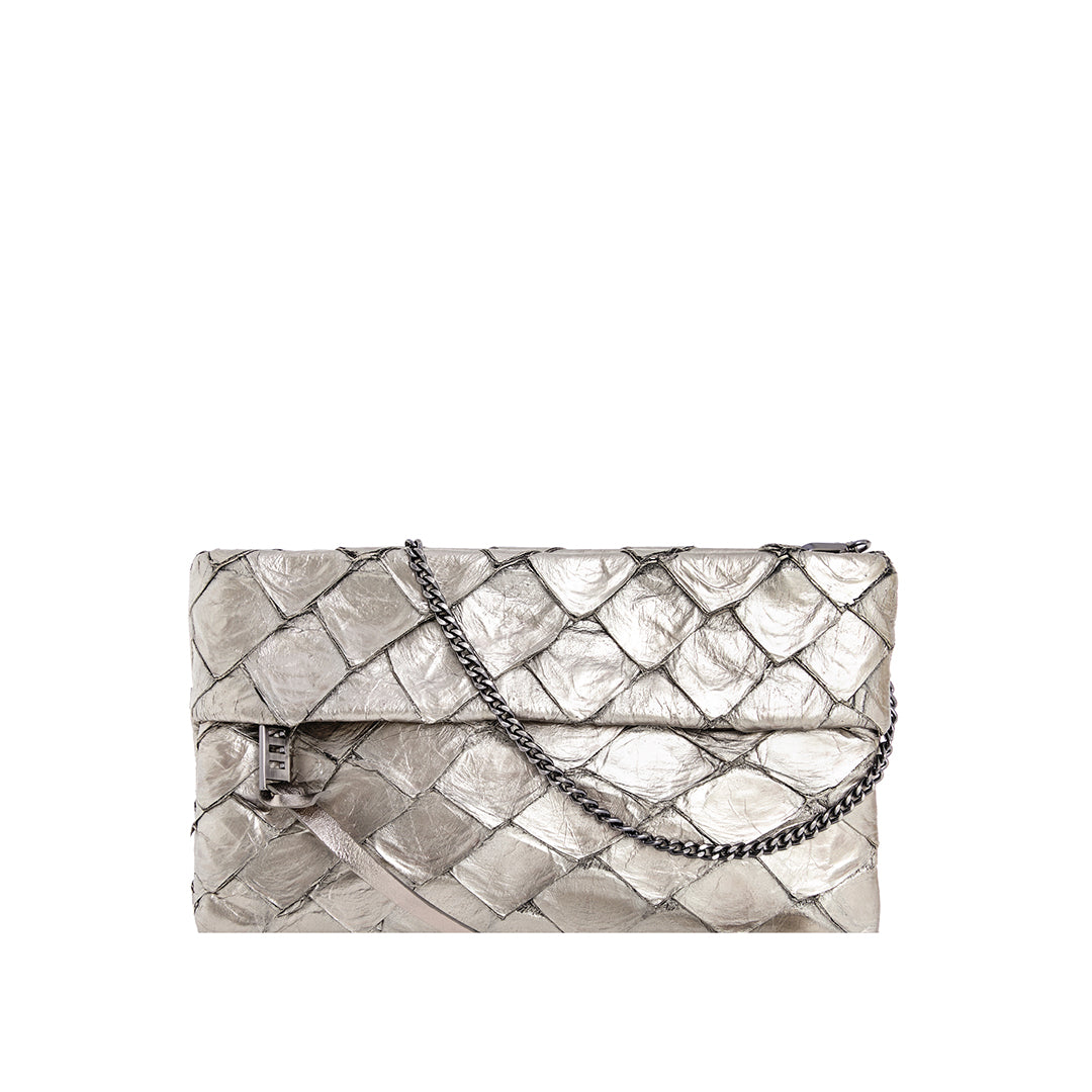 Aquira Mini - Mini Clutch em couro de pirarucu - Prata Velho